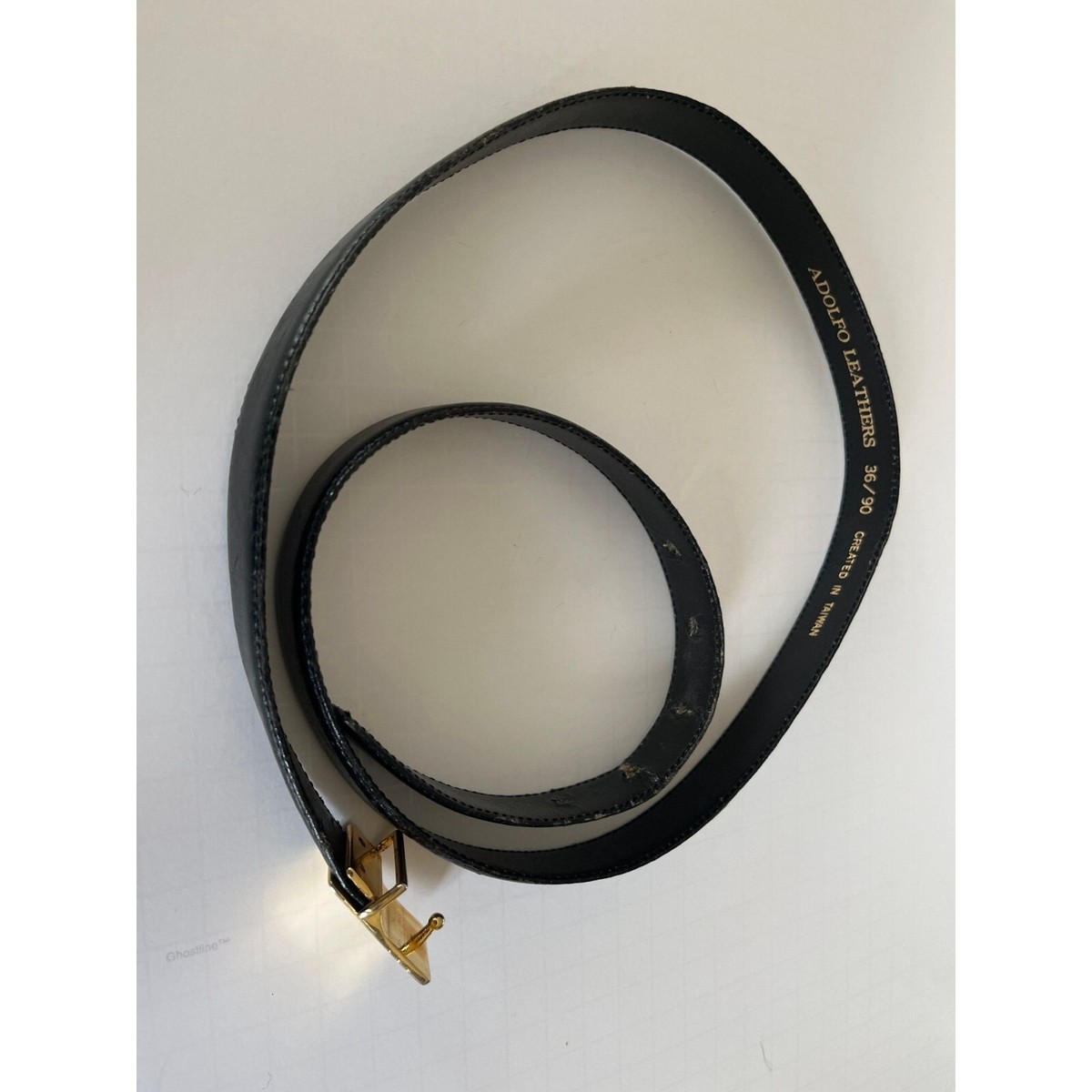 Vintage Adolfo Black Leather Thin Belt Gold Tone Buckle With 