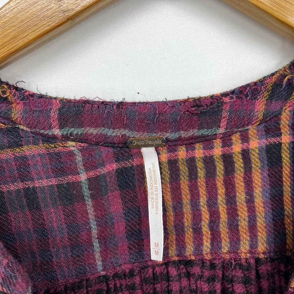 Free People Come On Over Button Down Plaid Top Women's Size M Wine Purple - Image 4 of 4