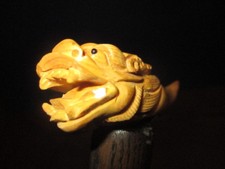 MW.A220: VINTAGE BOXWOOD HAND CARVED MYSTICAL DRAGON ON ASH WALKING STICK CANE