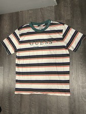 GUESS Originals Striped Logo T Shirt Cream Green Pink M Crew Neck