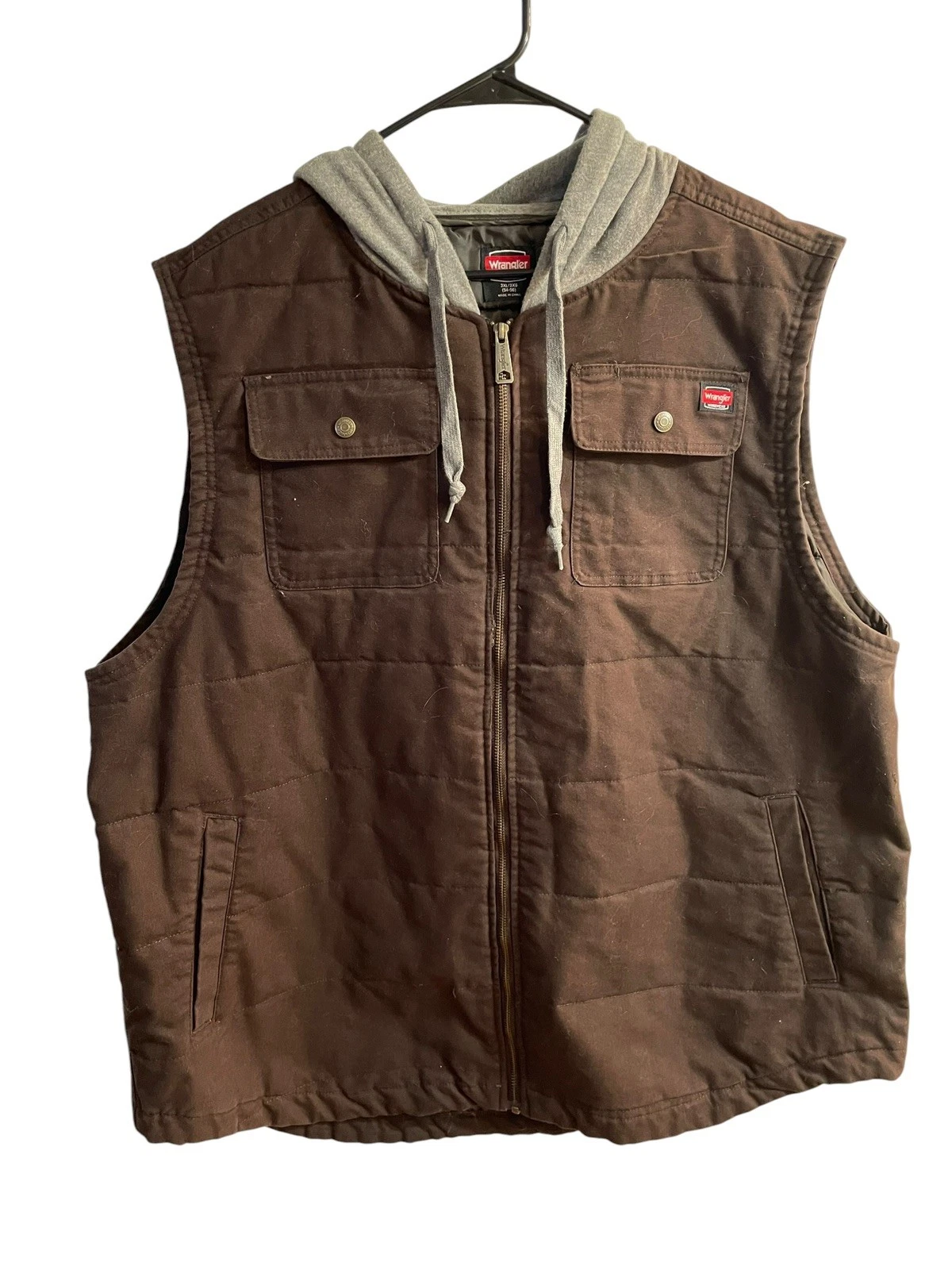 Wrangler Workwear Quilted Hooded Vest Brown Canvas Utility Workwear 3XL