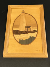 Hudson River Wood Inlay Marquetry Nantucket Lighthouse Wall Art Signed Nelson