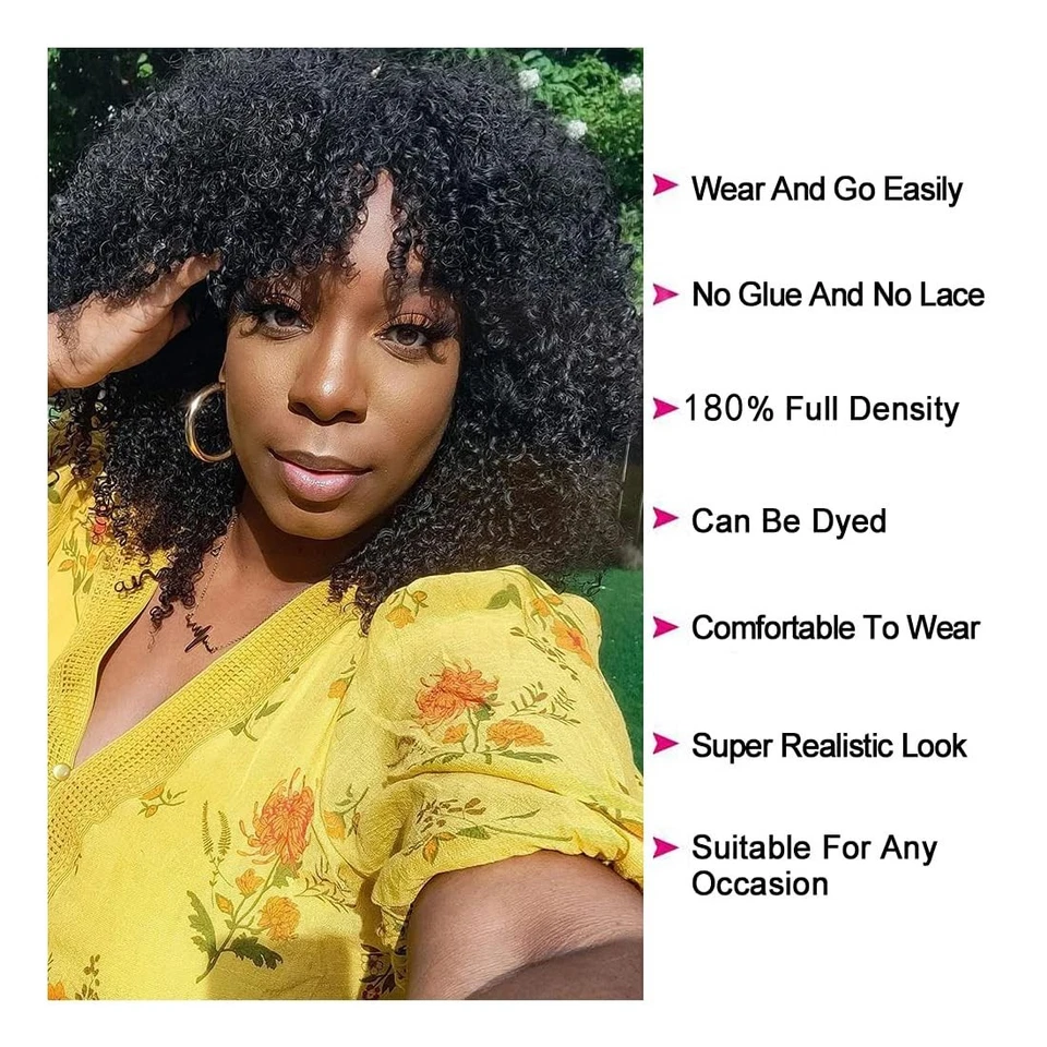 Curly Wig Afro Curly Human Hair Wigs for Women Afro Kinky Curly Wig With Bangs - Image 3 of 4