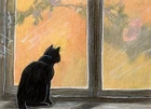 ACEO orig. pastel drawing black cat at window, chat noir by Anna Hoff Germany