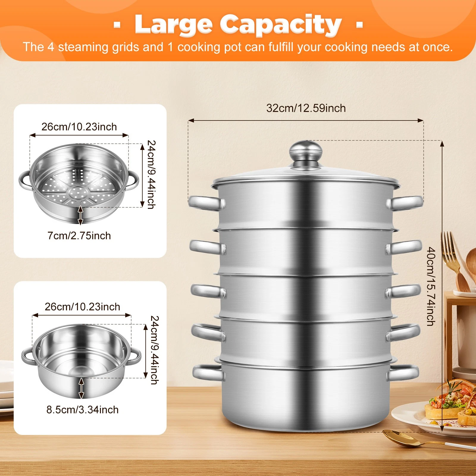 5-Tier Dumpling Steamer Stainless Steel Steamer Pot With Lid Steaming Basket