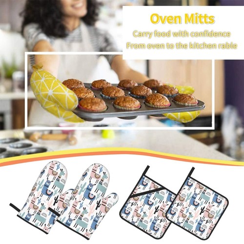 Llama Cactus Alpaca Oven Mitts and Pot Holders Set of 4, Oven Mittens and Pot... - 第 7/7 張圖片