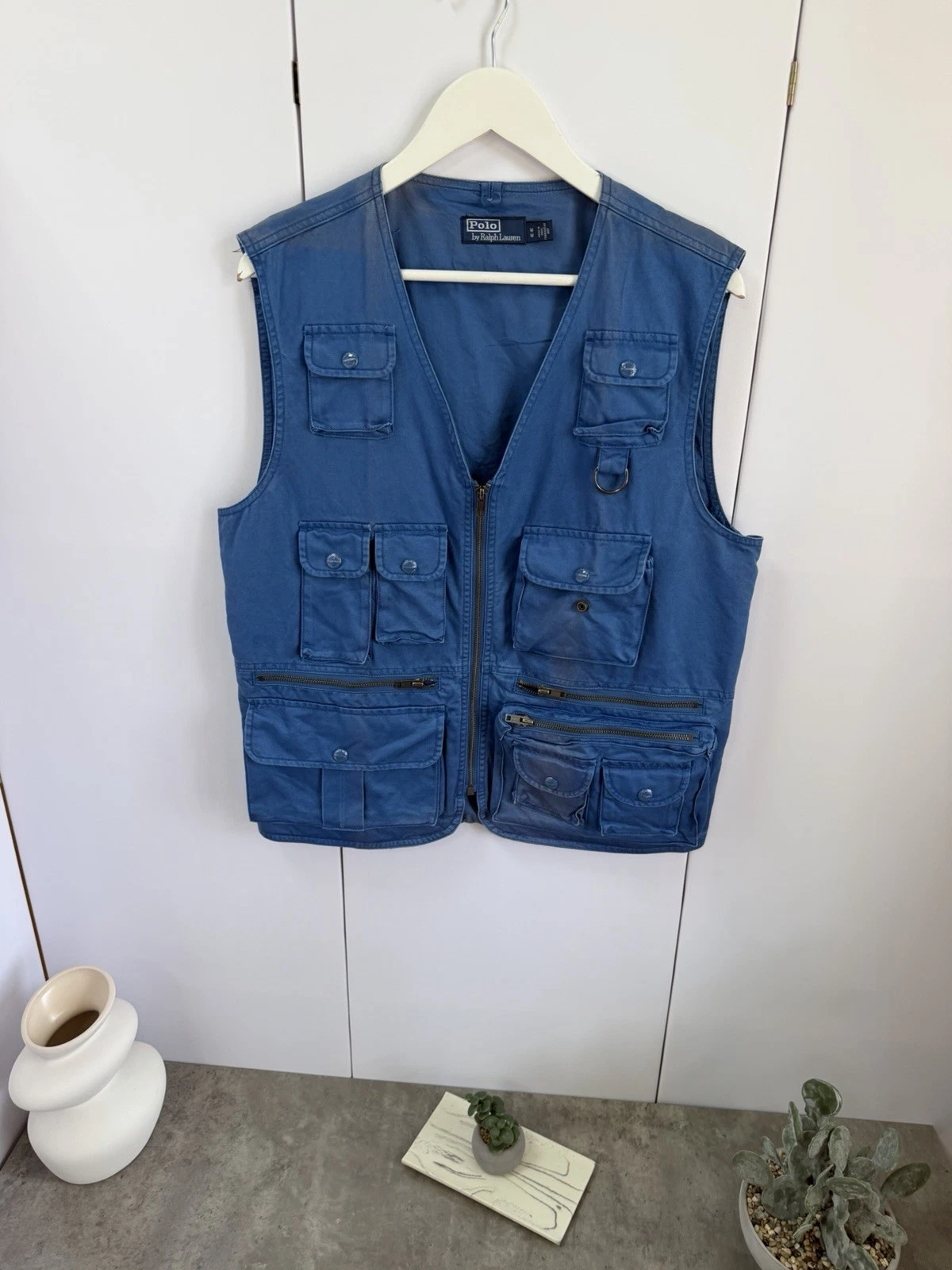 Polo Ralph Lauren Utility Fishing Vest Blue Multi Pocket Zip Safari Size M