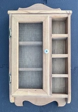Vintage Primitive Raw Wood Spice Rack Wall Cabinet Mesh Door Curio Display 27”