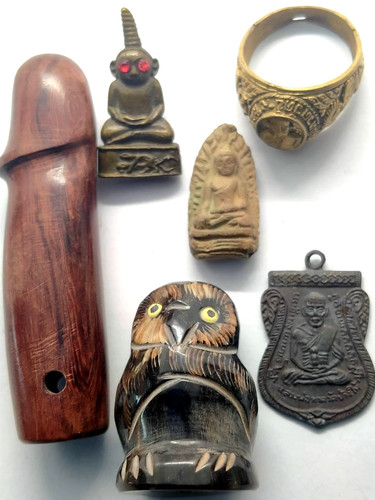 6 Pcs Thai Buddha Amulet PaladKhik Ngang Owl Ring Pendant Magic Charm Talisman