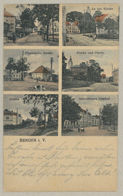 Postcard Bergen (Vogtland) - Bahnhofstraße/inn/Plauensche Straße etc.