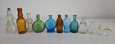 12 VINTAGE MINI GLASS BITTERS PERFUME DOLL BOTTLE GREEN AMBER CLEAR BLUE FISH