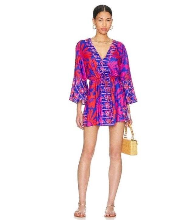 Maaji JOY Caftan Mini Pink & Blue Floral Print Dress Size Large Resort Tropical