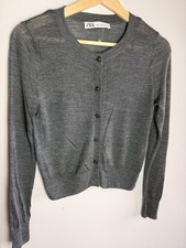 Zara Fine Knit Wool Mix Cardigan Grey Small Crew Neck Light Weight Long Sleeve