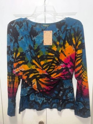 Women's KATHMANDU Black Multi Tie Dye Print Faux Wrap Top-Size M/L*-NWT