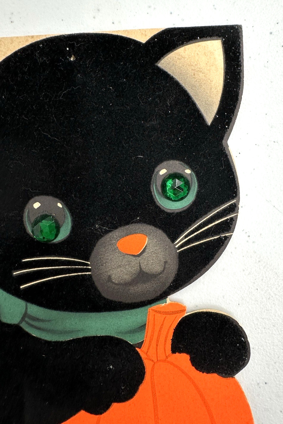 Norcross Happy Halloween Flocked Inky Black Cat Eyes Of Green Stand Up Card