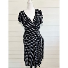 AB Studio Black and White Polka Dot Wrap Midi Dress Size L