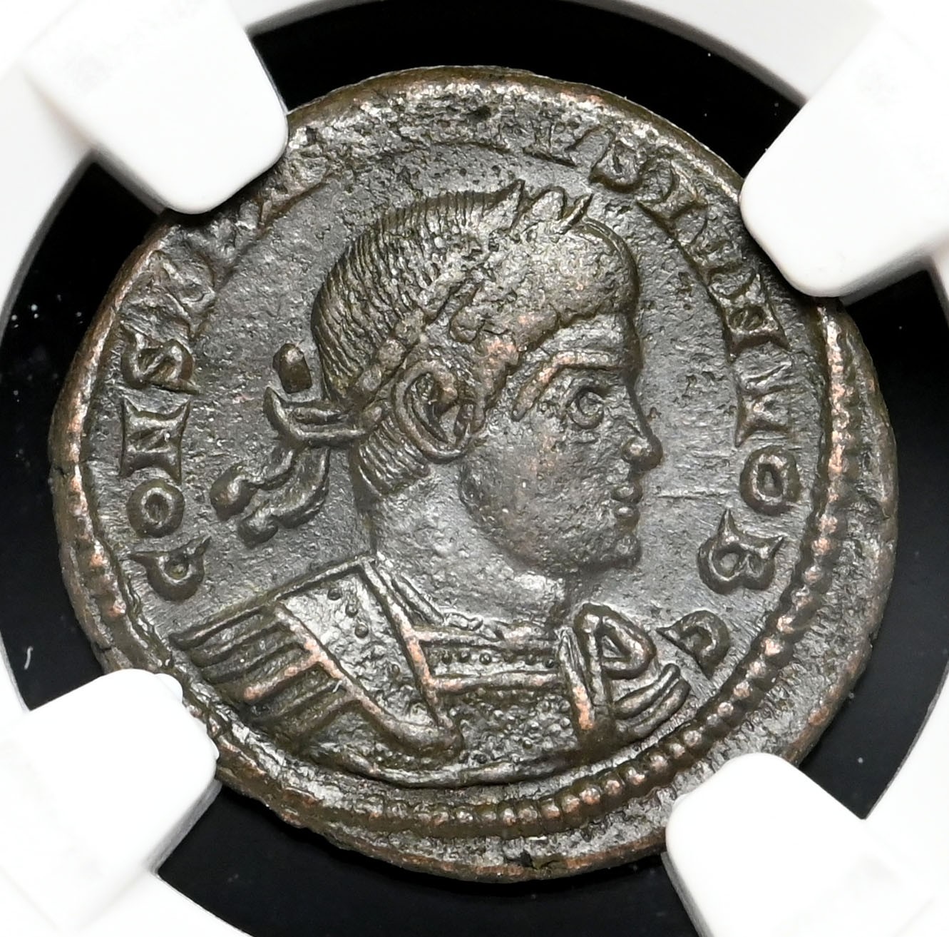 ROMAN EMPIRE. Constantine II, AD 337-340. Æ Nummus, Soldiers, NGC XF