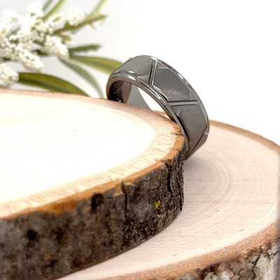 8mm Gray Tungsten Christmas Gifts Women Band Stepped Edge Geometric Pattern Ring