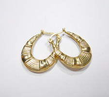 14k YELLOW GOLD CLEAR STONES GEOMETRIC ORNATE OVAL HINGED HOOP EARRINGS