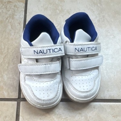 Nautica Boys White Blue Hook & Loop Low Top Sneakers Adjustable Strap Athletic