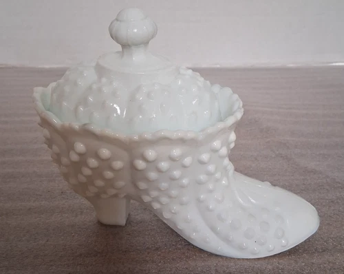 Vintage Fenton Hobnail Milk Glass White Boot Shoe Candy Dish with Lid