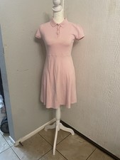Pink Collared Fit  Flare Knee Length Dress Short Puff Sleeve Button Accent