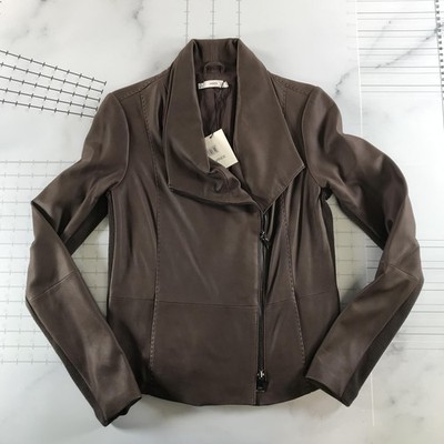 Vince Jacket Womens Medium Brown Goat Leather Asymmetrical Zip Moto V310290701