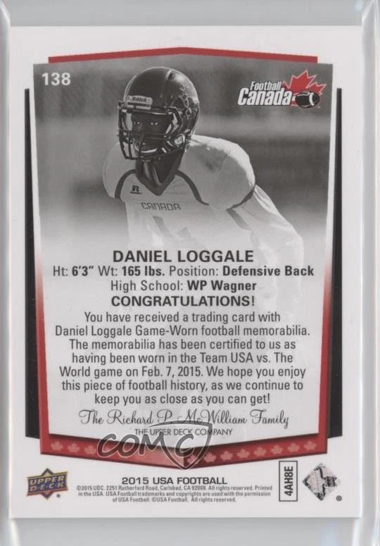 2015 Upper Deck USA Football Canada U-19 Future Swatch Daniel Loggale #138 - Image 2 of 2