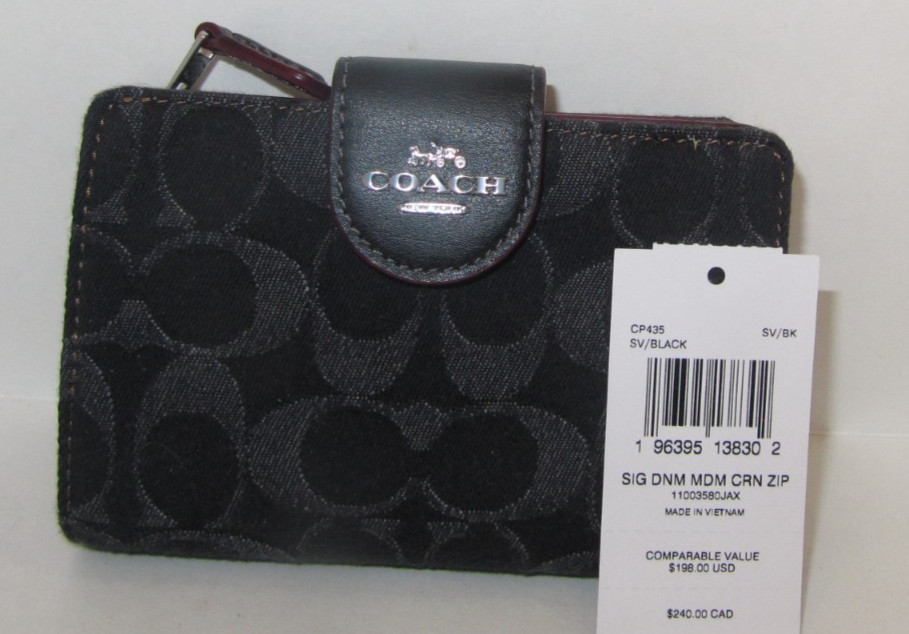 Coach CP435 Medium Corner Zip Wallet Black Signature Denim NWT $198