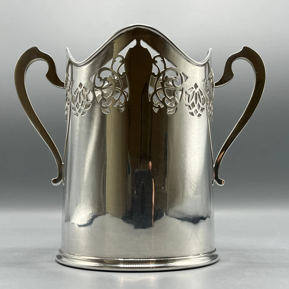 Antiguo soporte para botella de vino Art Nouveau plateado posavasos altos con dos asas Foto 3 de 4