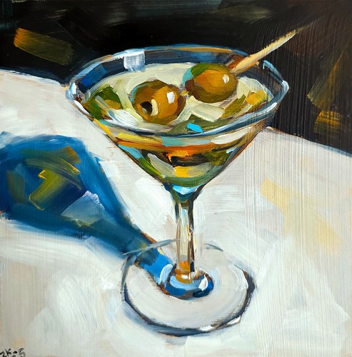Original Oil Painting Dirty Martini with Olives Still Life Cocktail Bar Art 6x6"