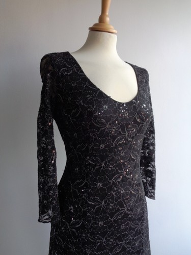 PER UNA Speziale Black Silver Stretch Lace Midi Dress Size 12 Reg - Picture 11 of 18
