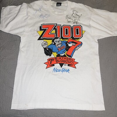 Vintage Z 100 Radio Station Tee Shirt Signed 1990 Single Stitched DJs Augtograph