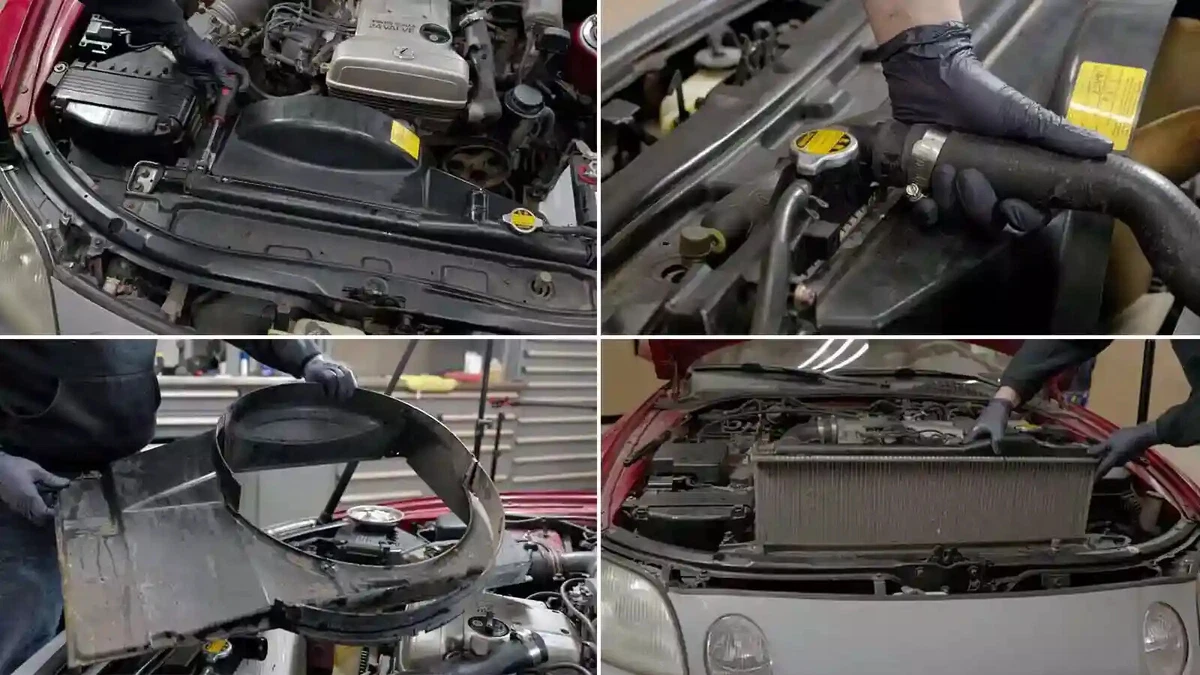 Removing the fan shroud, radiator, and other components to access a vehicle's engine.