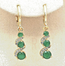 ❤️ 9ct Gold Emerald Diamond Earrings 32 mm Drop Sim Gems Gold Filled ❤️UK