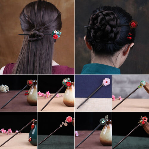 Chinese Style Retro Wooden Flower Hair Chopsticks Hair Stick Hairpin Chignon Pin - Afbeelding 1 van 20