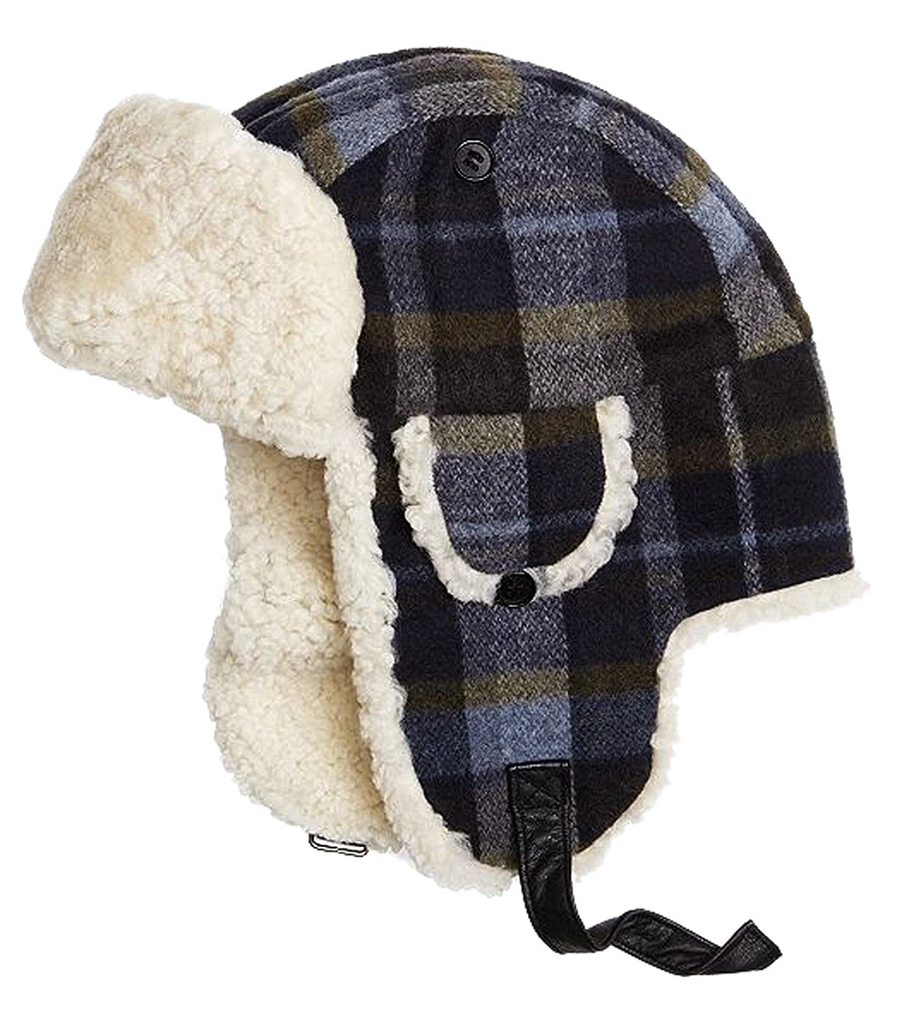 Brooks Brothers Men's Wool Plaid and Shearling Trapper, Blue Multi, S, 8323-6
