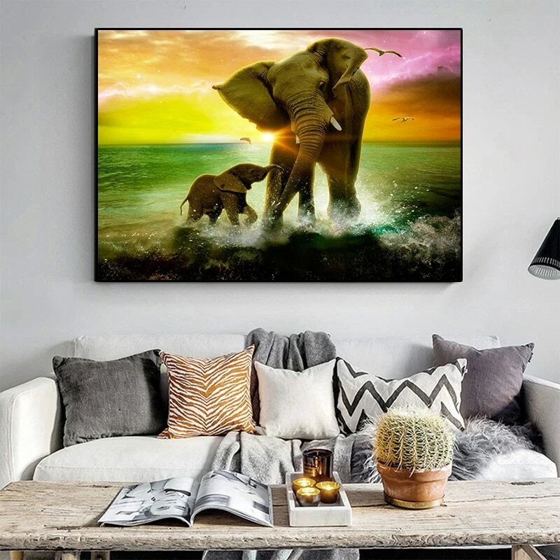 Arte animal família elefante pintura em tela pôster tela arte parede imagens - Imagem 2 de 4