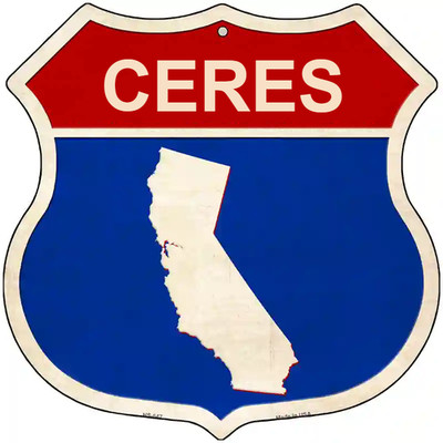 Ceres California Silhouette Highway Shield Metal Sign