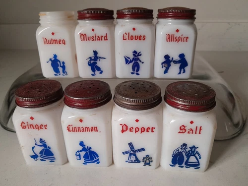Vintage 8 Pc Hazel Atlas Milk Glass Spice Shakers Jars Red Blue Dutch Theme Dove