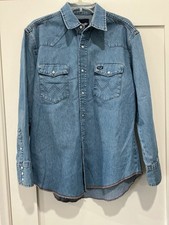 VTG Wrangler Western Shirt Mens Large Blue Denim Pearl Snap Cowboy Rodeo