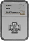 1943 D 1c Lincoln Steel Wheat Cent NGC MS 64 Small OBV Spot