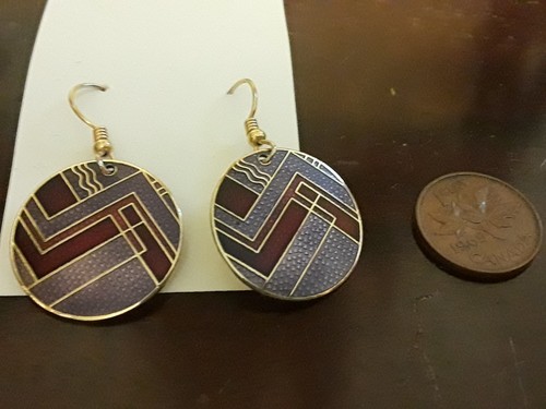 Pendientes colgantes vintage firmados ROCCOCO Art Deco rojo púrpura cloisonne círculo - Imagen 2 de 3