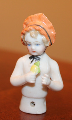 HALF DOLL GERMANY YOUNG GIRL ARMS AWAY W/ORANGE BONNET MARKED 2248
