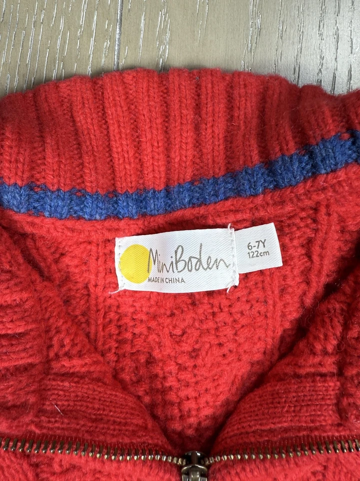 Мини Boden свитер для мальчиков 6-7 красный кабель вязаный пуловер половина молнии синий отделка теплый детский - Изображение 2 из 4