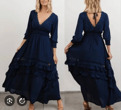 Baltic Born NWT Navy Blue Pippa Tiered Ruffle 3/4 Sleeve Maxi Dress Medium