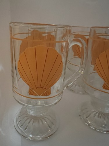 Vintage Clear Pedestal Mugs/w Orange Seal Shell Design Set Of 4 Beach, Nautical - Picture 5 of 6