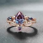 Vintage Alexandrite Engagement Ring Set 14K Rose Gold Finish Dainty Promise Ring