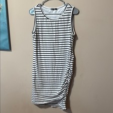 BTFBM Womens Striped Sleeveless Ruched Side Bodycon T-Shirt Dress Black White L