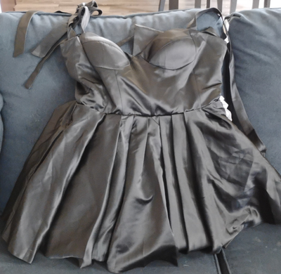 satin short flare dress Tika Short Sleeve Square Neck Piping Satin Ribbon Monotone Flare Mini main image 0